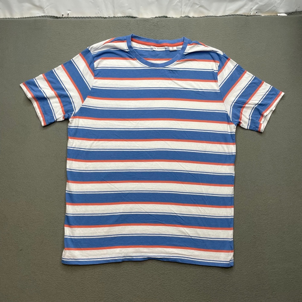 Avenue Men T-Shirt 100% Cotton Large Blue White Orange Striped Nautical Casual